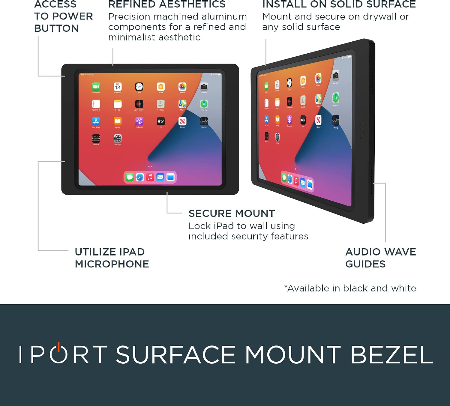 iport 70752 Surface Mount System iPad Wall Mount – Slim & Secure Enclosure for iPad Pro 12.9" (5th Gen) | Built-in PoE Charging | Flush Aluminum Wall Dock for Smart Home & Commercial Use- Black